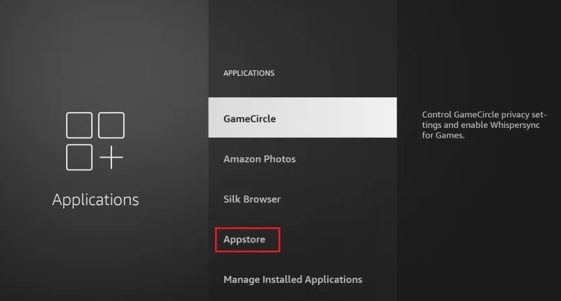 Select Appstore option to  update apps on Firestick