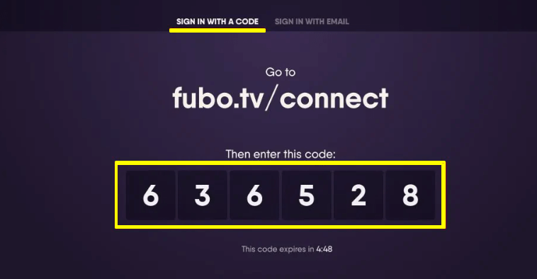 Note the fuboTV activation code.
