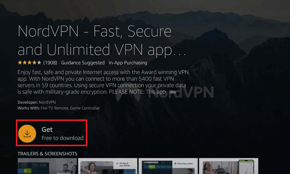 Click the Get button to install Nord VPN on Firestick