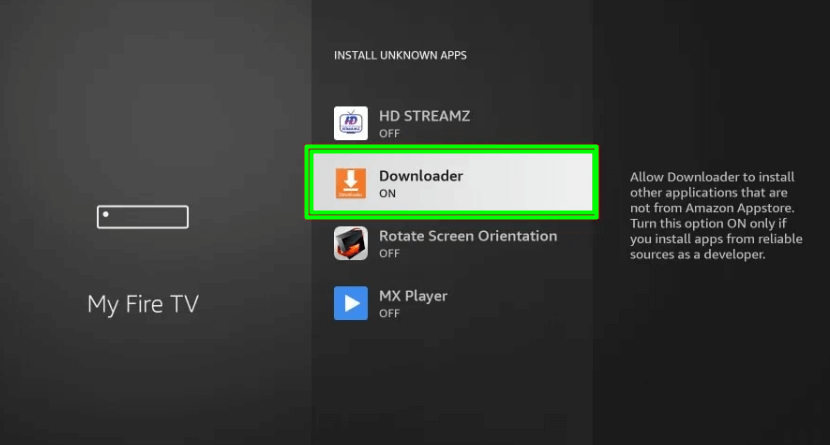 Turn ON Downloader to sideload RTE Player on Firestick