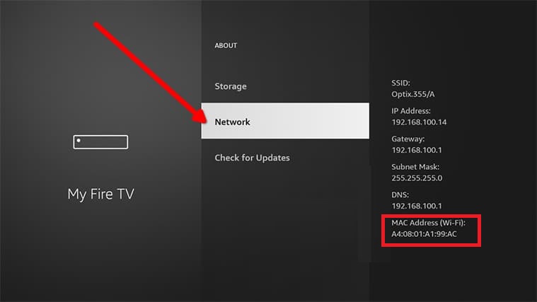  Find Firestick Mac Address in the Network section of Settings