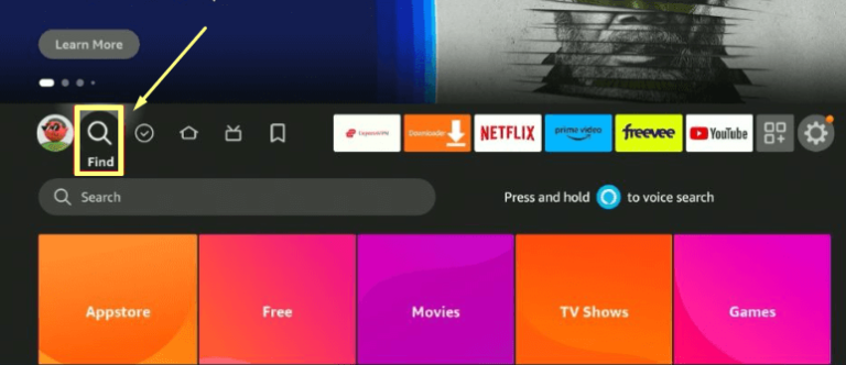 Tap on Find icon and search for the MLB TV app on Firestick