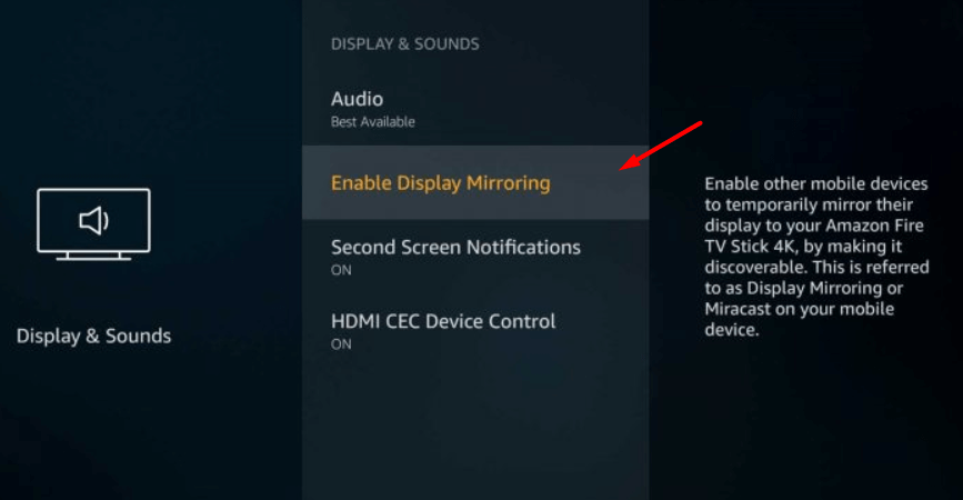 Select Display mirroring option on Firestick