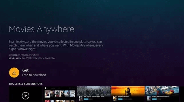 Tap Get to download Movies Anywhere on Firestick 