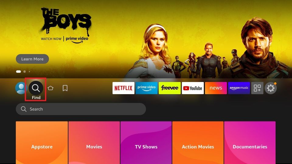 Click Find icon to install Starz on Firestick