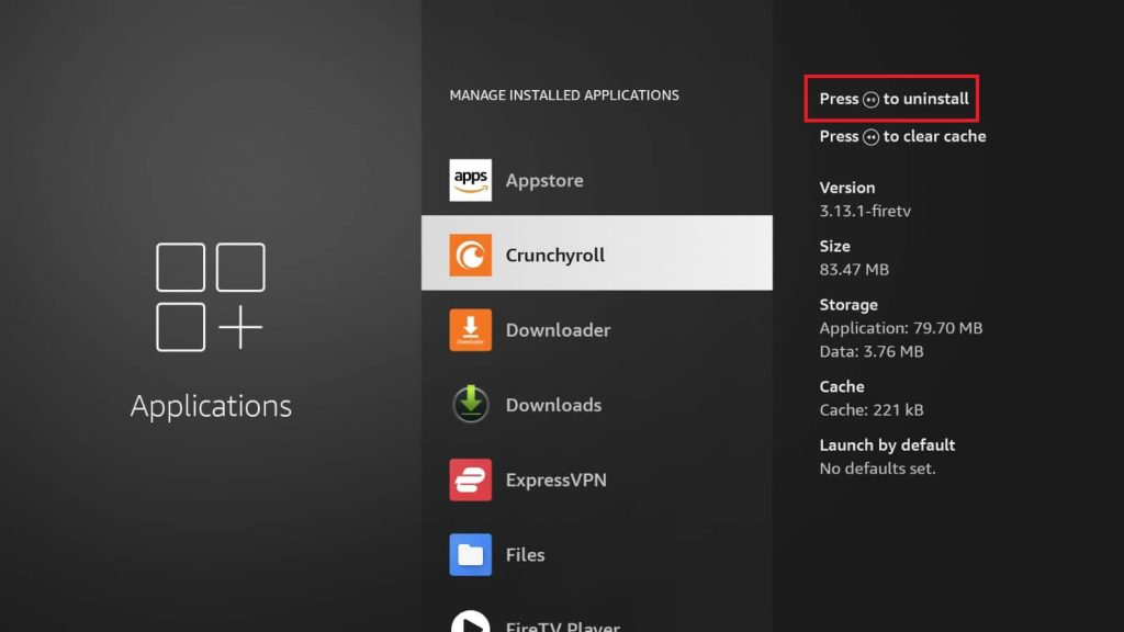Press play button to Delete Apps on Firestick